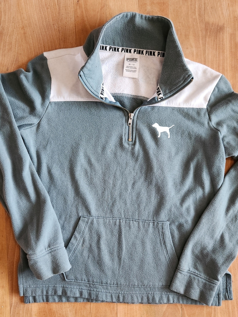 PINK Victoria's Secret Slate Green & White Quarter-Zip Pullover